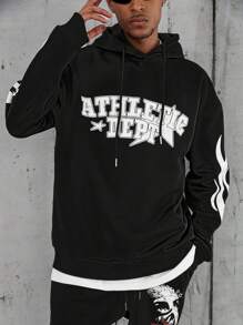 PAVTROS Manfinity Streetrush Oversized Men's Cross & Letter Graphic Drop Shoulder Drawstring Hoodie,Graphic Sweatshirt,Crew Neck Sweatshirt,Back To School Clothes - Black - View 7