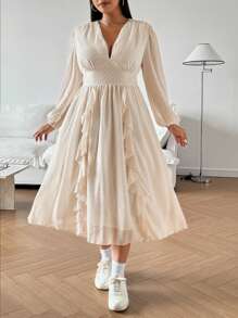 Flirla 大码雪纺激光切割长袖 V 领优雅复古浪漫连衣裙 - 杏色 - 查看 7