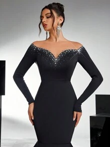 Glamrae Elegant Black Mesh Inset Bodice, Luxuriously Embellished With Rhinestones, Fitted Silhouette, Fishtail Mesh Hem, Black & White Contrast Gothic Informal Wedding Gown, Formal Evening Dress, Long Sleeve Prom Dress, For Wedding Guest, Graduation, Dinner, Party Dress