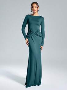 SHEIN Belle Autumn And Winter Women's Banquet Party Fashion Elegant Luxury Stretch Knit Asymmetric Collar Design Tight Waist Pleated Green Dress Formal Dress, Women's Autumn And Winter Formal Evening Dress, Party Banquet Christmas Can Be Worn, Prom Gown, For Wedding Guest, Graduation, Dinner