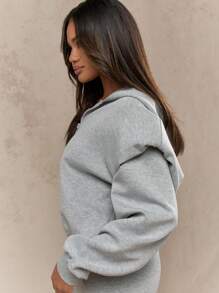 MISSGUIDED Athletic Full Zip Sweatshirt Cropped Bomber Style Workout Jacket Loungewear Casual Sports Activewear Fall Winter Essential - Grey - View 3