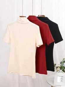 Chiquease Women Casual Solid Color Stand Collar Short Sleeve T-Shirt, Versatile For Autumn/Winter
