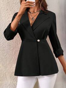 SHEIN Clasi 1pc Women Straight Neckline Long Sleeve Waist Ruched Drawstring Metal Button Front Blazer Jacket - Black - View 6