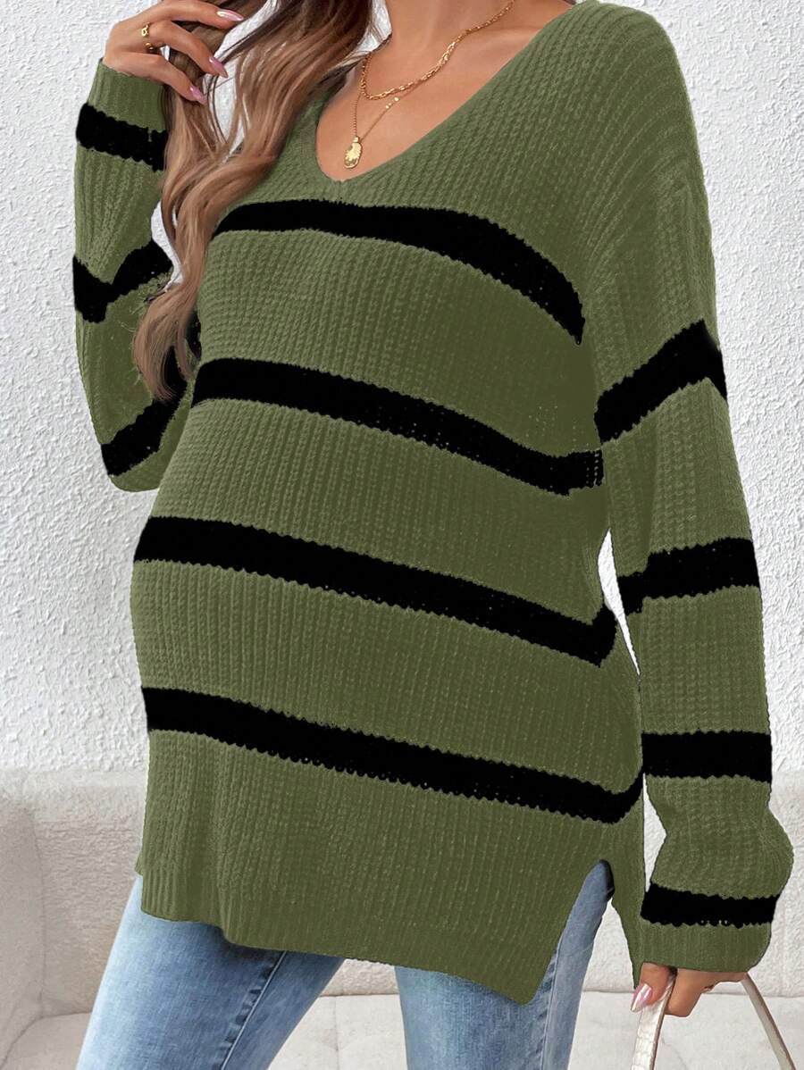 SHEIN Ciążowy, swobodny, kolorowy sweter w paski z rozcięciem z boku na jesień/zimę - Wielokolorowe - Zobacz 1