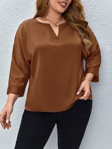 SHEIN Clasi Plus Size Casual Solid Color Notched Neck Batwing Sleeve Blouse - Brown - View 5