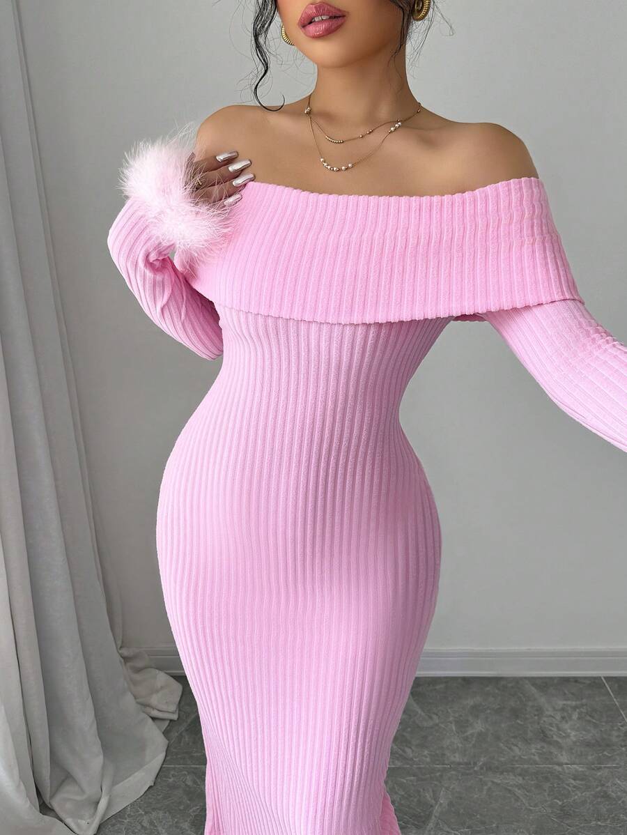 Rafferiza Elegant Off Shoulder Ribbed Knit Fuzzy Cuff Fitted Dress, Autumn - Pink - View 1