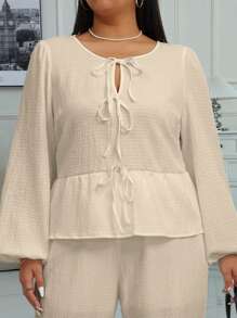 INAWLY Áo cánh rộng tay loe buộc nơ phía trước màu trơn cỡ lớn cho nữ, mùa xuân và mùa thu - Màu be - Xem 4