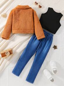 SHEIN Bộ 3 món/Bộ Áo khoác dài tay giả cổ lông thời trang cho bé gái + Áo ba lỗ thun cổ tròn màu đen + Quần co giãn rách họa tiết đồ họa trang phục thường ngày - màu nâu - Xem 2