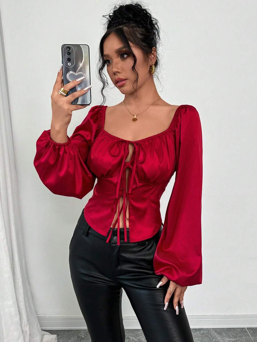 SHEIN Clasi 時尚優雅高端緞面繫帶式女款襯衫,酒紅色 - 酒紅色 - 查看 1