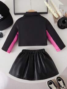 2 件装女婴时尚长袖夹克和裙子套装，适合派对和郊游，秋季，字母印花 - 彩色 - 查看 2