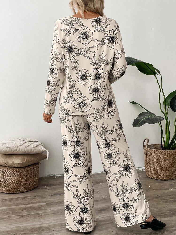 Women Floral Print Round Neck Drop Shoulder Long Sleeve Top And Pants Casual Suit Set, Autumn