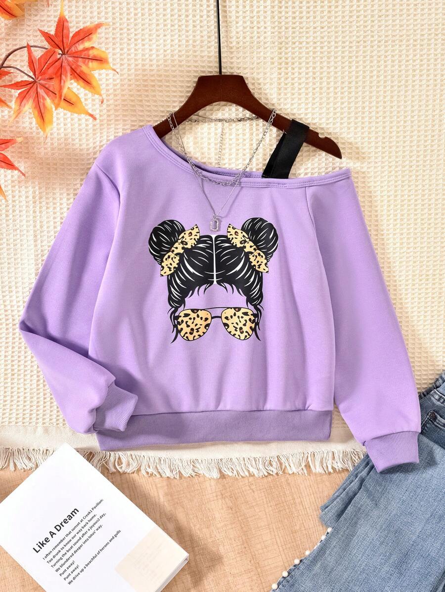 SHEIN Áo nỉ cổ bất đối xứng in hình chân dung thường ngày cho bé gái tuổi teen, mùa thu - Màu tím - Xem 1