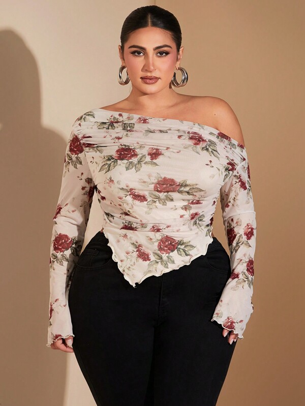SHEIN BAE Plus Size Women Elegant Evening Birthday Party Retro Romantic Rose Flower Mesh Print Asymmetrical Off-Shoulder Gathered Long Sleeve Top Plus Size Fall Clothes Going Out Tops Plus Fall Tops Long Sleeves Winter Clothes Women Plus Size Fall Clothes Plus Size Tops Plus Size Shirts Women Tops Curve Tops Plus Size Women Ladies Tops Curve Plus Plus Size Long Sleeve