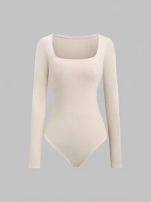 Flirla Women's Autumn Minimalist Versatile Comfortable Skin-Friendly Square Neck Long Sleeve Bodysuit
