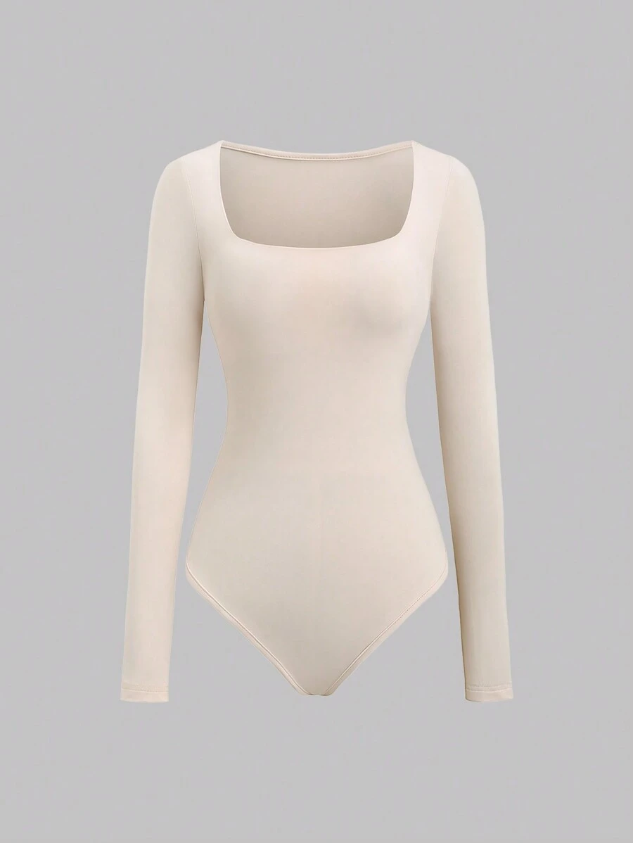 Flirla Women's Autumn Minimalist Versatile Comfortable Skin-Friendly Square Neck Long Sleeve Bodysuit