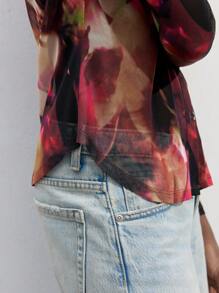 Maija 女式早春优雅扎染印花图案时尚百搭前扣长袖修身衬衫 - 玫紅色 - 查看 6