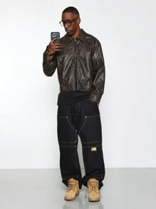 SUMWON 复古风格水洗工装夹克，做旧皮革，秋冬外套，经典拉链前部休闲日常穿着，个性单品，秋季系列