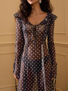 Opulessa 秋冬圣诞鸡尾酒会，优雅性感节日针织网眼经典波尔卡圆点印花 V 领长袖开衩女式连衣裙 - 黑色 - 查看 6