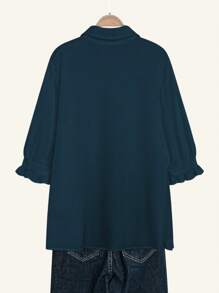 Calvaya Plus Size Solid Color Front Button Ruffle Hem Long Back Short Front Casual Shirt - Teal Blue - View 2