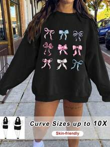 SHEIN CURVE+ Plus Size Black Sweatshirt With Butterfly Print And Bowknot - Black - View 7