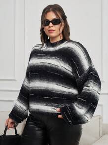 SHEIN Cottnline Plus Size Women Brushed Effect Striped Knit Design Sweater - Black and White - View 6