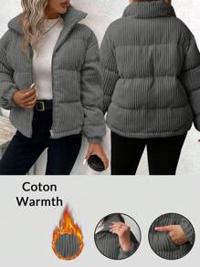 SHEIN LUNE Plus Size Women Christmas Green Geometric Pattern Regular Loose Fit Stand Collar Zip-Up Padded Coat, Winter Thickened  Jacket & Parkas Winter Coat
