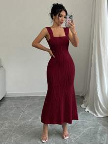 Elenzga 1 件女士性感纯色纹理方领露背系带鱼尾下摆修身连衣裙酒红色长款女装 - 酒紅色 - 查看 7