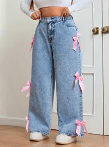 CovetEZ 大码休闲直筒牛仔裤，带蝴蝶结装饰和侧袋，适合春秋季节