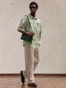 AKNOTIC Party 圣诞节男士修身长款弹力腰抽绳O型环裤，香蕉筒裤，休闲卡其色长裤，适合秋冬季、新年、圣诞节穿着。撞色织带，保暖内衬，金属丝线缝制。 - 卡其色 - 查看 4