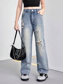 Girls Loose Washed Denim Wide Leg Jeans With Cute Silver Butterfly Decor, Versatile All-Match Casual Fashion Item For All Year Round - Medium Wash - View 6