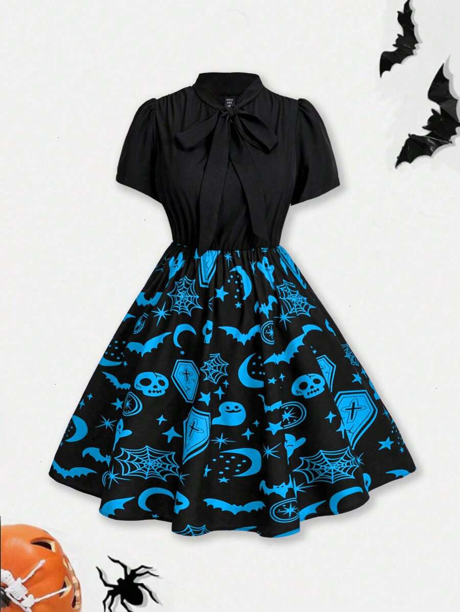 Flirla Váy chữ A tay ngắn buộc nơ họa tiết đầu lâu & dơi in họa tiết Halloween cỡ lớn, trang phục dự tiệc - Nhiều màu - Xem 1