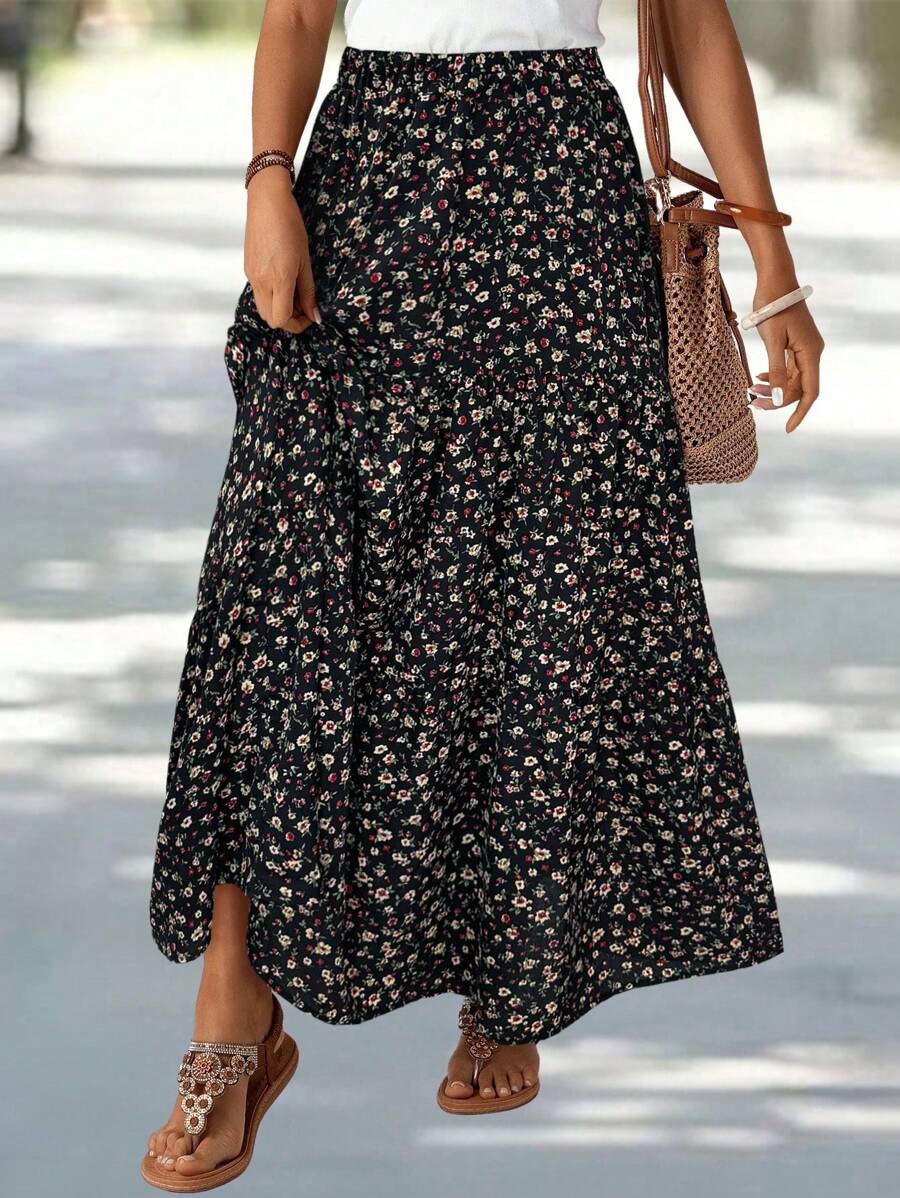 EMERY ROSE Women's Patchwork Floral Print Long Midi Skirt