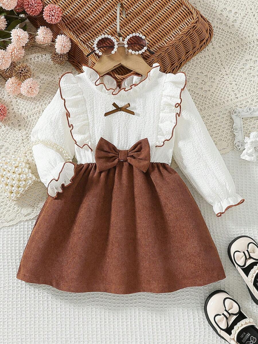 SHEIN Vintaside Kids 女婴撞色灯芯绒蝴蝶结装饰荷叶边下摆长袖连衣裙,秋季 - 駝色 - 查看 1