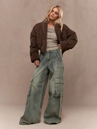 MISSGUIDED 绒面革羽绒短款冬季夹克绗缝泡泡大衣保暖超大短款飞行员夹克外套秋季街头时尚