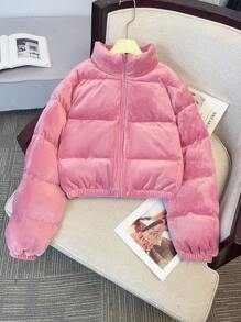 SHEIN Leap Crew Chaqueta de terciopelo retro informal/rosa/para adolescente, adecuada para vacaciones, fiesta, chaqueta acolchada, franela, pana, cremallera de cuarto - Rosa vieja - Ver 7