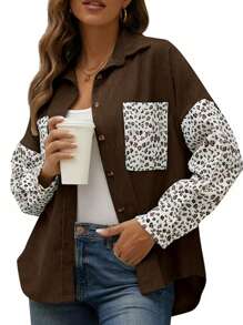 INAWLY Áo khoác đơn giản thường ngày tay dài cài nút phía trước màu trơn cỡ lớn - màu nâu - Xem 3