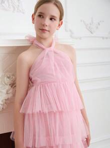 SHEIN Summer Elegant Flower Girl Birthday Party,Masquerade,Prom,Wedding - Pink - View 6