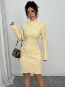 SHEIN Unity High Neck Solid Color Cable Knit Long Sleeve Sweater Dress - Apricot - View 4