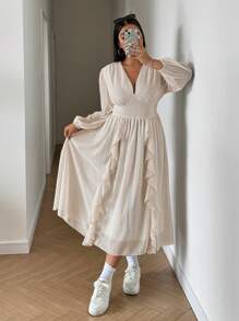 Flirla 大码雪纺激光切割长袖 V 领优雅复古浪漫连衣裙 - 杏色 - 查看 3