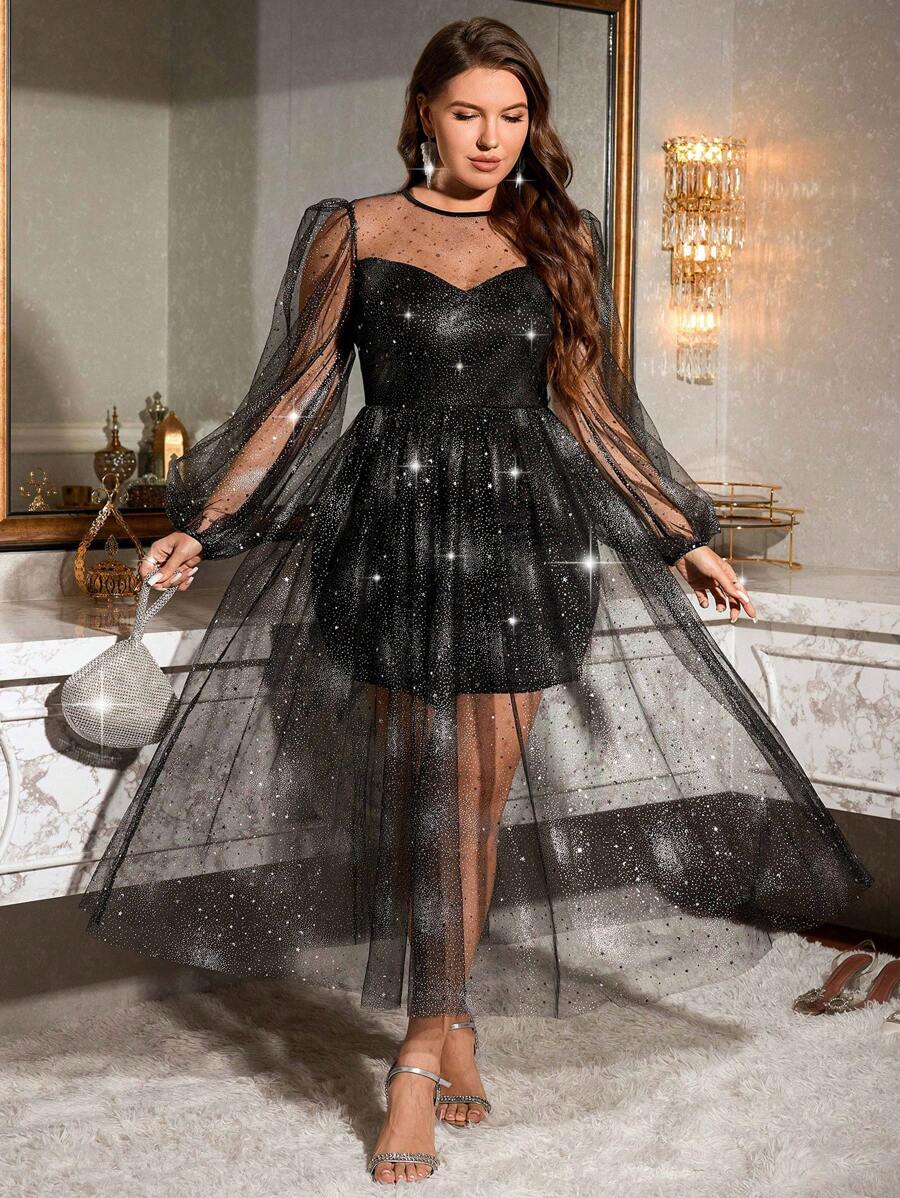 SHEIN Essnce Plus Size Women's New Year's Eve Christmas Sexy Party Black Mesh See-Through Long Dress - Black - View 1