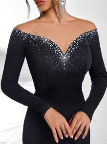 Glamrae Elegant Black Mesh Inset Bodice, Luxuriously Embellished With Rhinestones, Fitted Silhouette, Fishtail Mesh Hem, Black & White Contrast Gothic Informal Wedding Gown, Formal Evening Dress, Long Sleeve Prom Dress, For Wedding Guest, Graduation, Dinner, Party Dress
