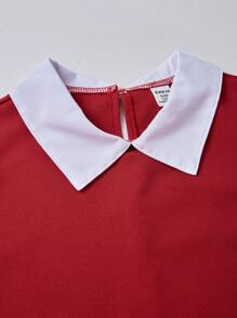 Tween 女童衬衫领撞色网眼长袖二合一连衣裙，主教袖连衣裙，秋季 - 酒紅色 - 查看 7
