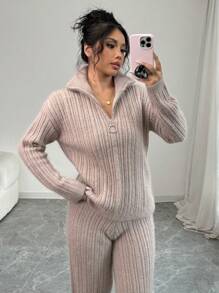 SHEIN Unity 2 件套女士休闲日常纯色立领毛衣和裤子套装，秋冬 - 駝色 - 查看 6