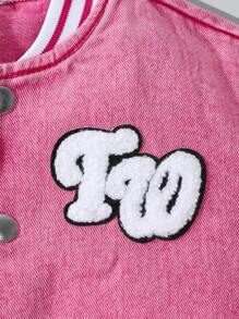 Young Girl Vintage American Style Street Fashion Colorblock Striped Ribbed Teddy Bear Letter Embroidery Collar Long Sleeve Pink Baseball Jacket