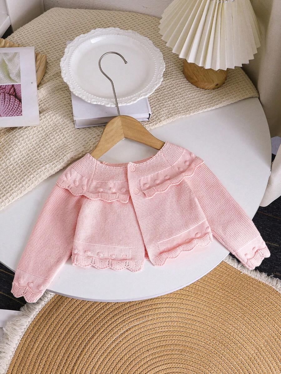 SHEIN 女宝宝时尚简约可爱荷叶边开衫毛衣，适合居家、外出和聚会 - 粉色 - 查看 1