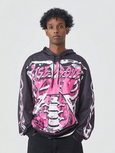 ROMWE Avant Men's Drawstring Letter Print Casual Hoodie Sweatshirt