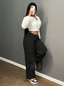 Slaydiva 2024 Herfst/Winter Nieuwe Aankomst Casual Streetwear Cargo Broek, V-vormige Tailleband Met Dubbele Zakken Wijde Broek
