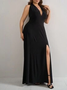 RueChic Solid Split Thigh Halter Neck Split Thigh Backless Dress - Black - View 4