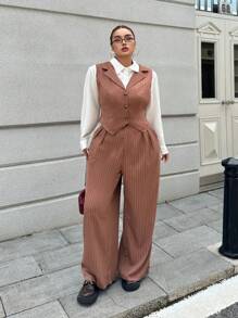Flirla Classic Striped Splicing Shirt Collar Top + Straight-Leg Pants Suit, 2pcs Set, Minimalist Long Sleeve Elegant Outfit Fall Cloth For Women - Khaki - View 4