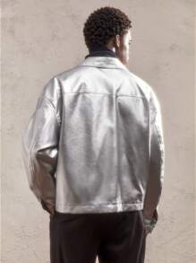 AKNOTIC Party 1 chiếc Áo khoác nam dệt dáng ôm vừa vặn cổ đứng tay dài hở phía trước, thích hợp mặc hàng ngày - Bạc - Xem 4